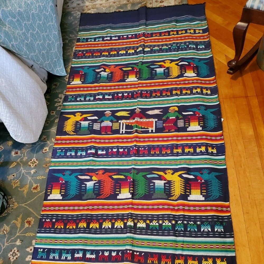 Vintage Mexican Textile Hand woven cotton Runner or wall tapestry. 77 x 34